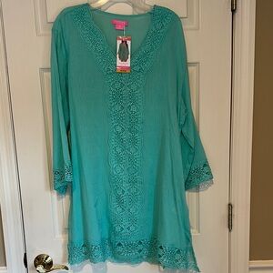 Isaac Mizrahi Teal Crochet Detail Swim Coverup